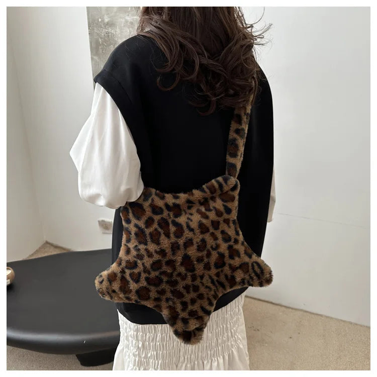 Grand sac à main cabas en peluche imprimé léopard et étoile Stella