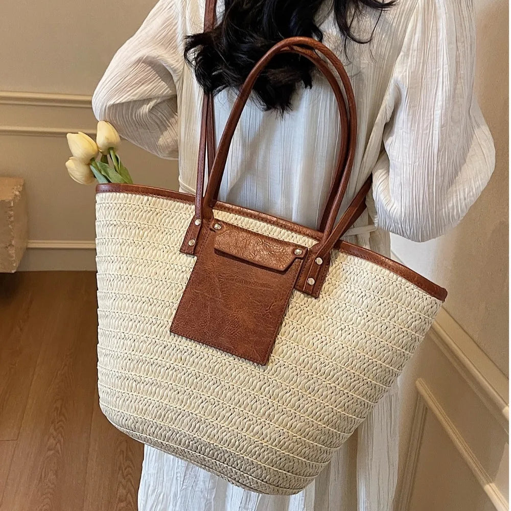 Grand sac à main cabas panier en paille double porté Anaëlle