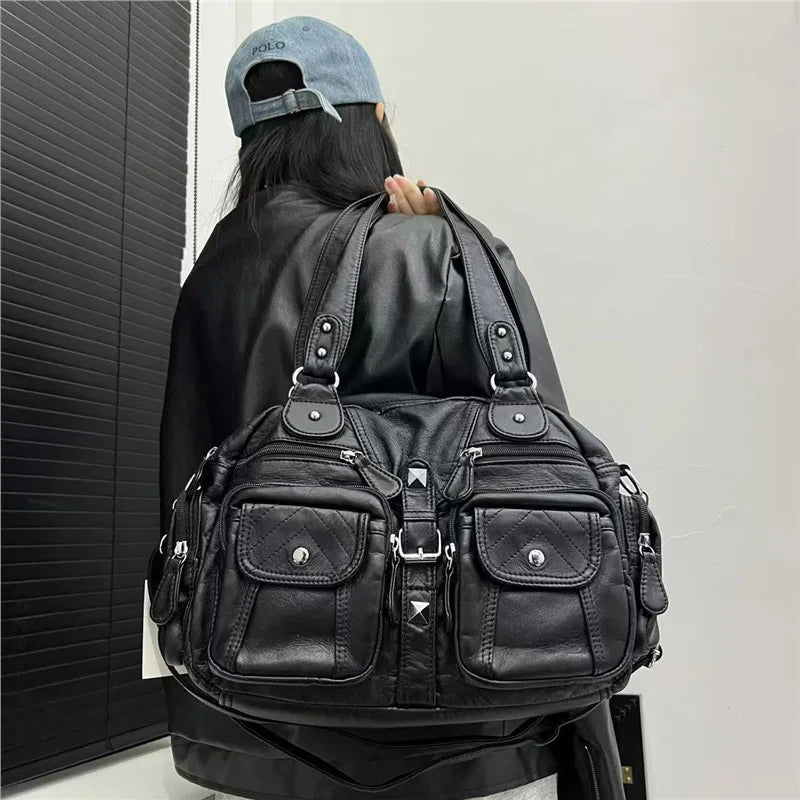 Grand sac à main de cours rétro multipoches à bandoulière Inès