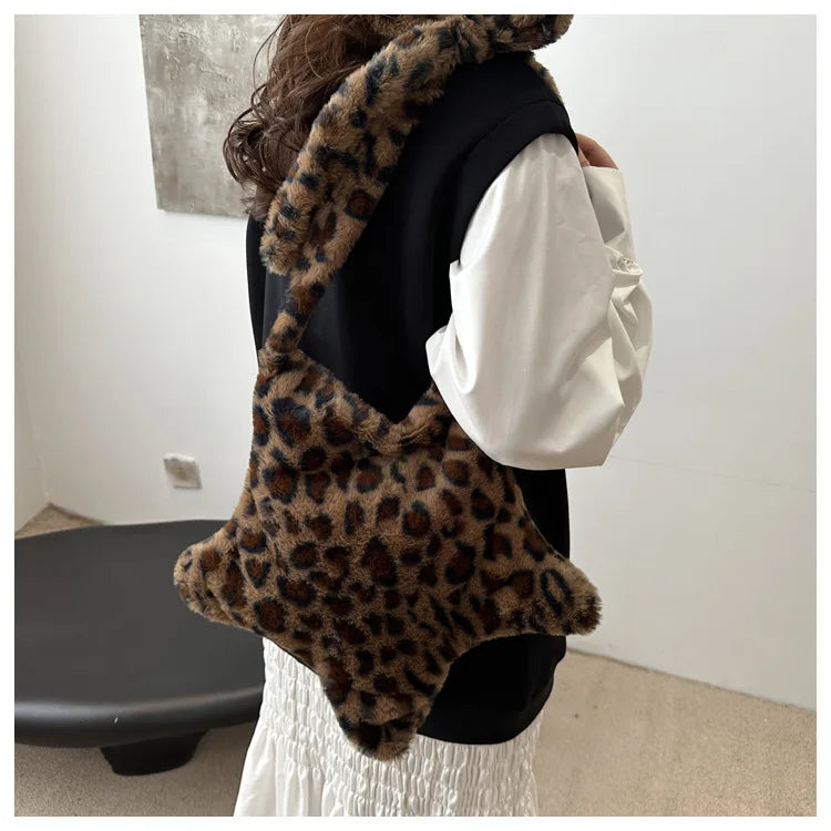 Grand sac à main cabas en peluche imprimé léopard et étoile Stella