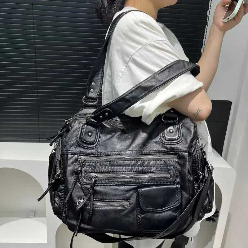 Grand sac à main de cours rétro multipoches à bandoulière Amandine