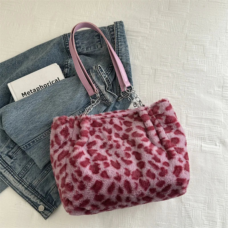 Grand sac à main cabas de cours léopard en peluche au design moderne et spacieux Inès
