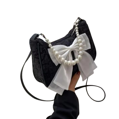 Petit sac à main bandoulière hobo en coton avec anse en perle et noeud décoratif Camille