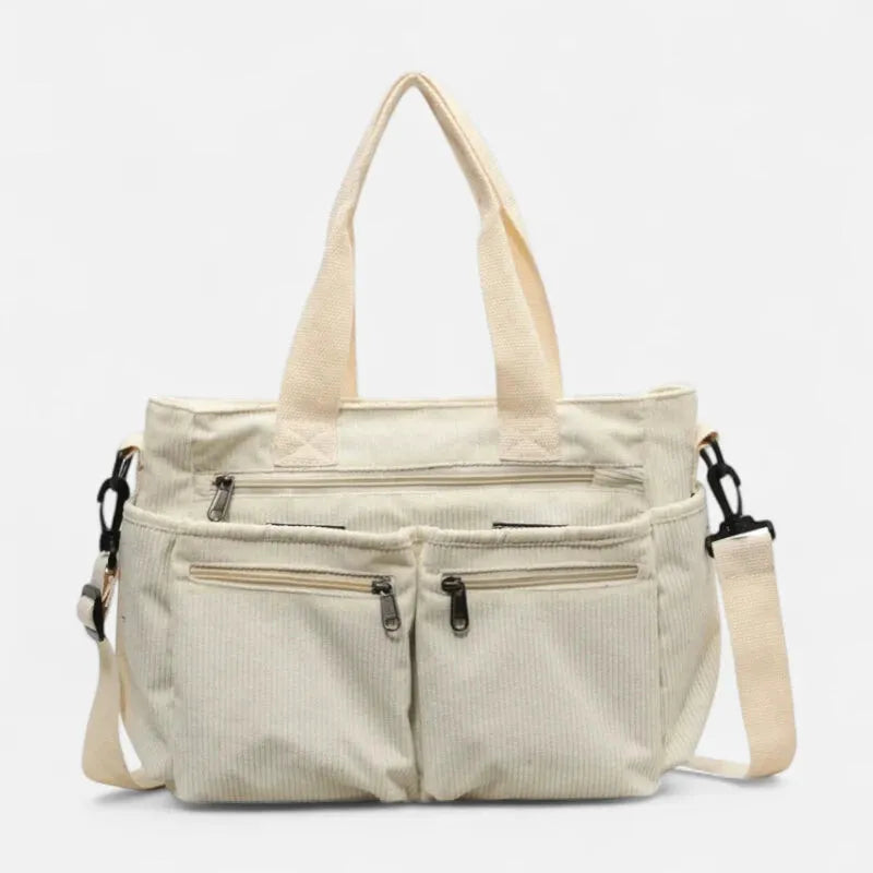 Grand sac à main cabas bandoulière de cours en velours côtelé multipoches Élina