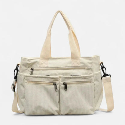 Grand sac à main cabas bandoulière de cours en velours côtelé multipoches Élina