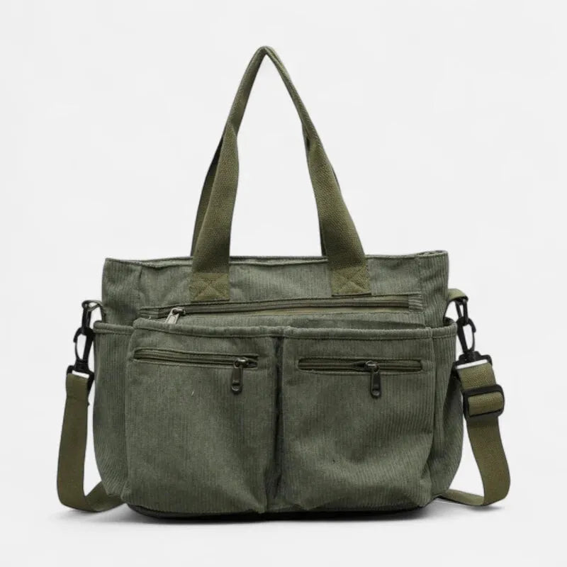 Grand sac à main cabas bandoulière de cours en velours côtelé multipoches Élina