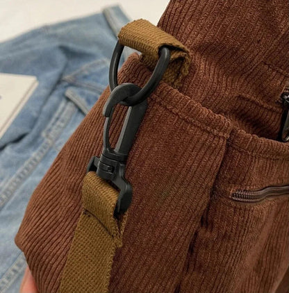 Grand sac à main cabas bandoulière de cours en velours côtelé multipoches Élina