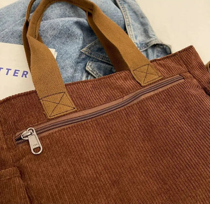 Grand sac à main cabas bandoulière de cours en velours côtelé multipoches Élina