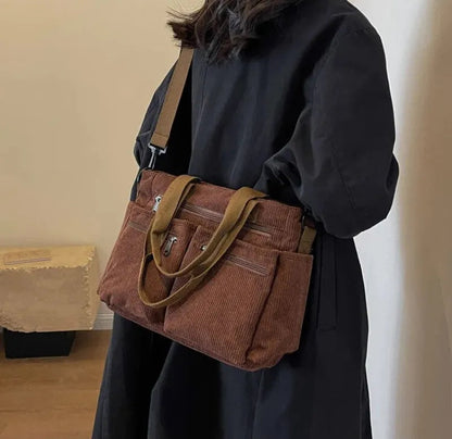 Grand sac à main cabas bandoulière de cours en velours côtelé multipoches Élina