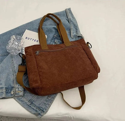 Grand sac à main cabas bandoulière de cours en velours côtelé multipoches Élina