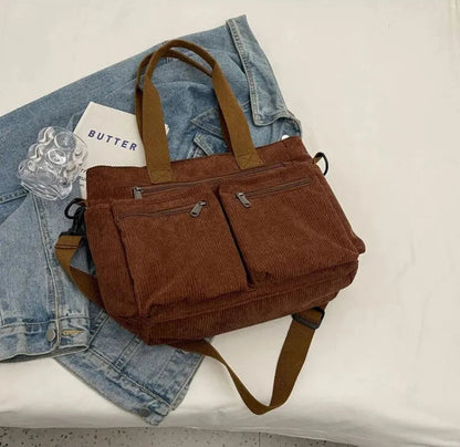 Grand sac à main cabas bandoulière de cours en velours côtelé multipoches Élina