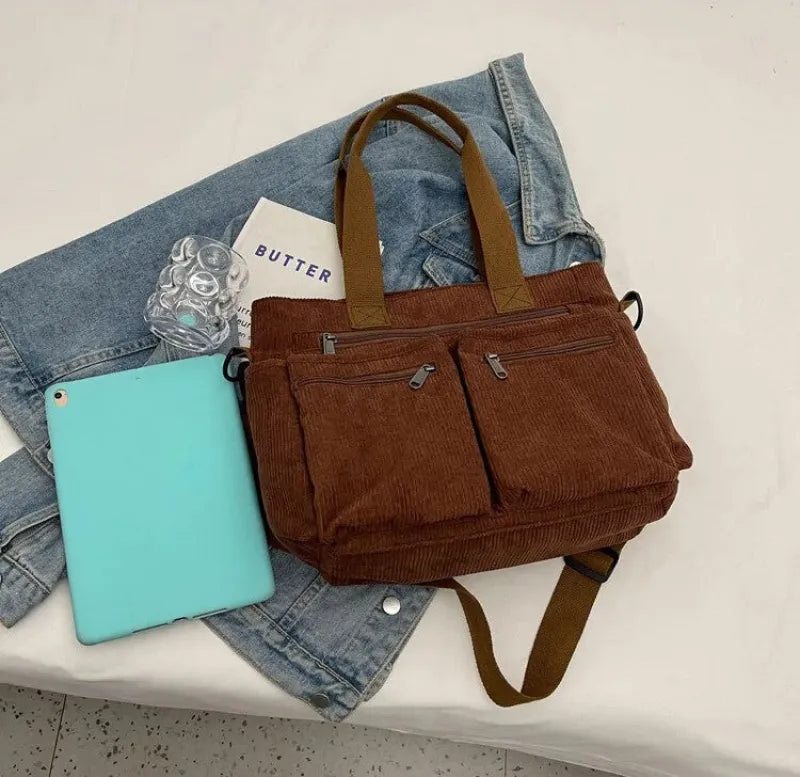 Grand sac à main cabas bandoulière de cours en velours côtelé multipoches Élina