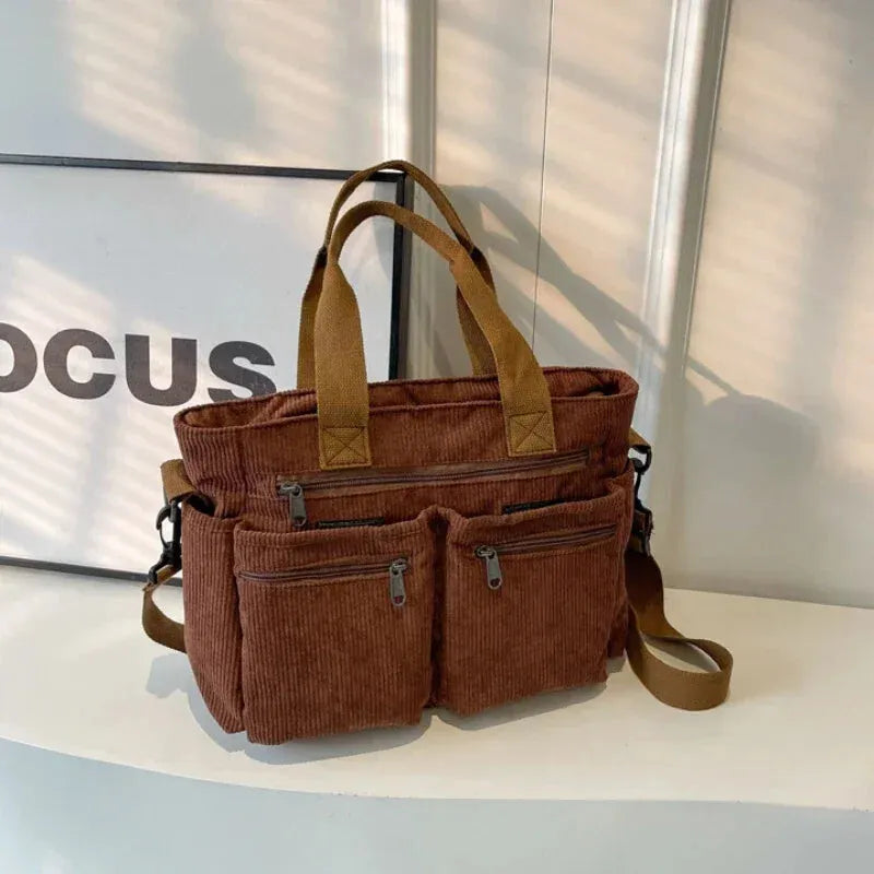 Grand sac à main cabas bandoulière de cours en velours côtelé multipoches Élina