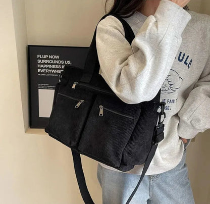 Grand sac à main cabas bandoulière de cours en velours côtelé multipoches Élina