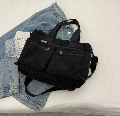 Grand sac à main cabas bandoulière de cours en velours côtelé multipoches Élina