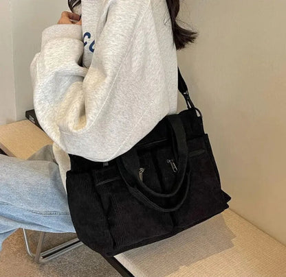 Grand sac à main cabas bandoulière de cours en velours côtelé multipoches Élina