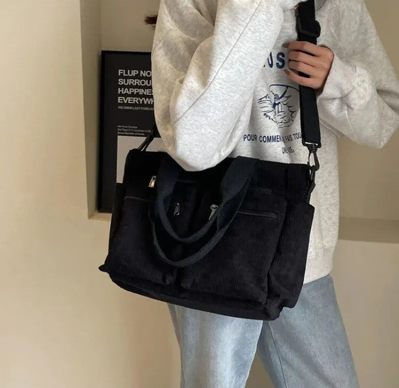 Grand sac à main cabas bandoulière de cours en velours côtelé multipoches Élina