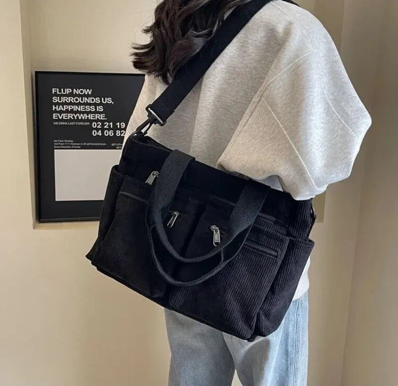 Grand sac à main cabas bandoulière de cours en velours côtelé multipoches Élina