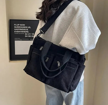 Grand sac à main cabas bandoulière de cours en velours côtelé multipoches Élina