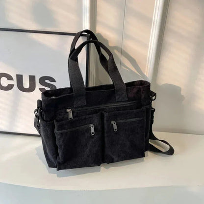 Grand sac à main cabas bandoulière de cours en velours côtelé multipoches Élina