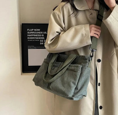 Grand sac à main cabas bandoulière de cours en velours côtelé multipoches Élina