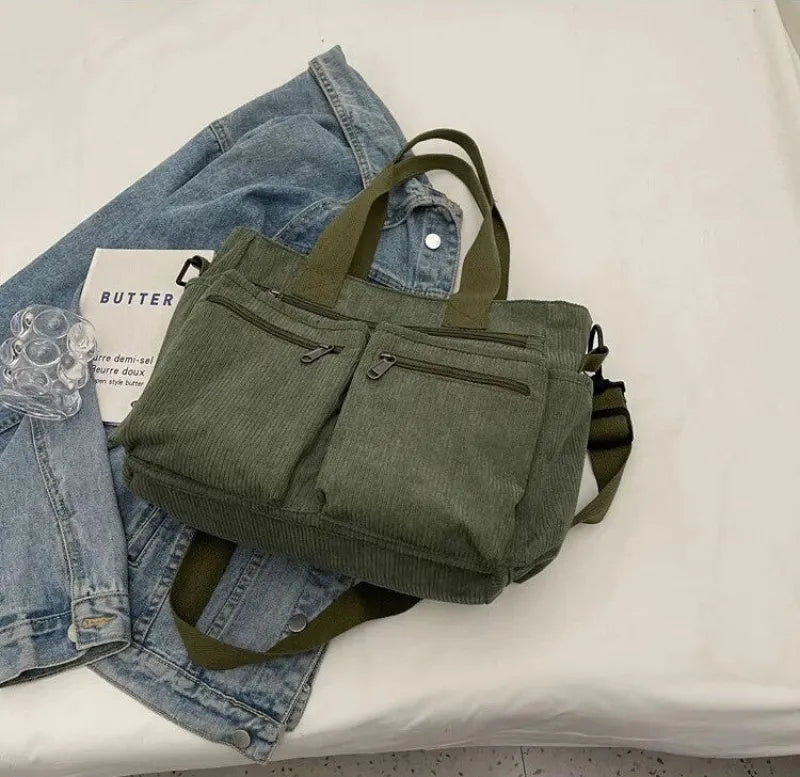 Grand sac à main cabas bandoulière de cours en velours côtelé multipoches Élina