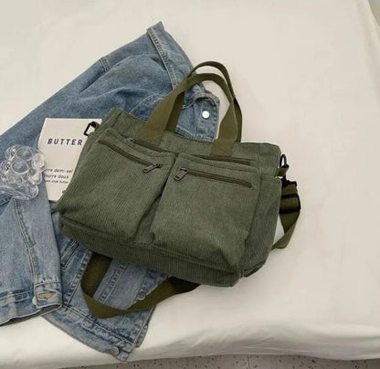 Grand sac à main cabas bandoulière de cours en velours côtelé multipoches Élina