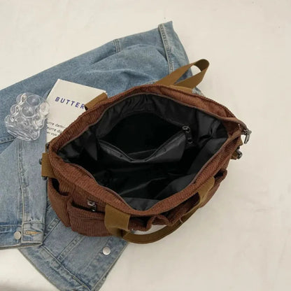 Grand sac à main cabas bandoulière de cours en velours côtelé multipoches Élina