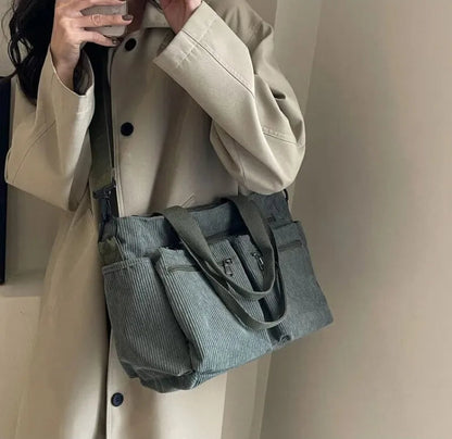 Grand sac à main cabas bandoulière de cours en velours côtelé multipoches Élina