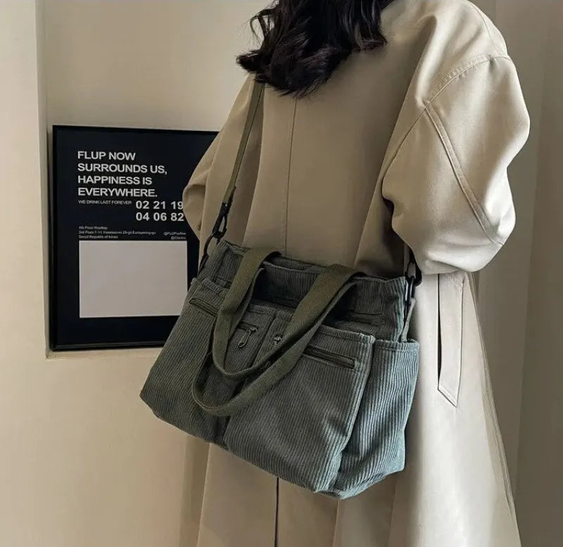 Grand sac à main cabas bandoulière de cours en velours côtelé multipoches Élina