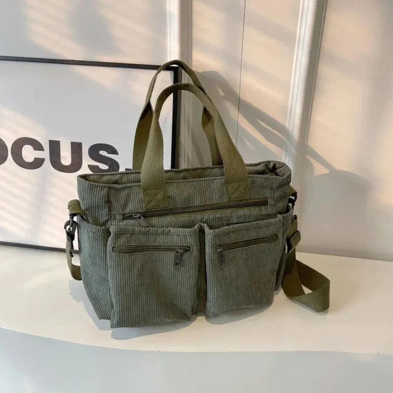 Grand sac à main cabas bandoulière de cours en velours côtelé multipoches Élina