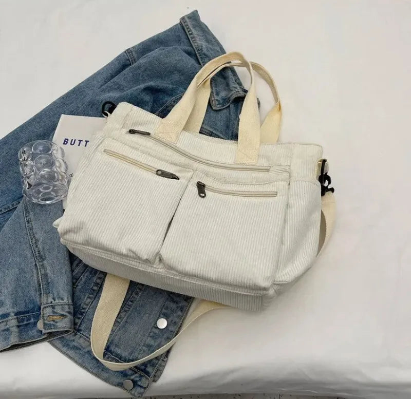 Grand sac à main cabas bandoulière de cours en velours côtelé multipoches Élina