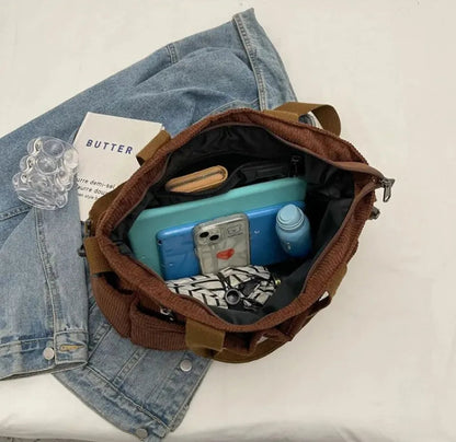 Grand sac à main cabas bandoulière de cours en velours côtelé multipoches Élina