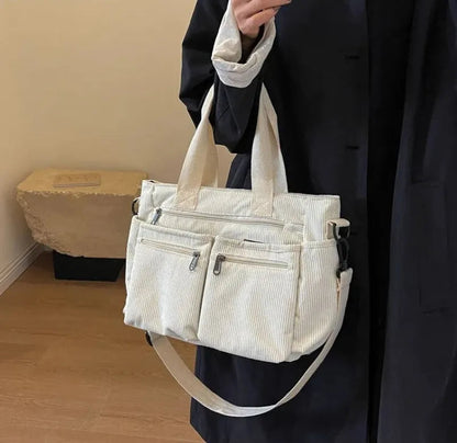 Grand sac à main cabas bandoulière de cours en velours côtelé multipoches Élina