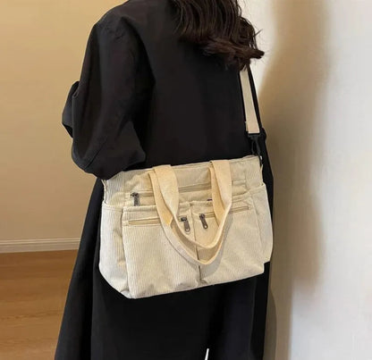 Grand sac à main cabas bandoulière de cours en velours côtelé multipoches Élina