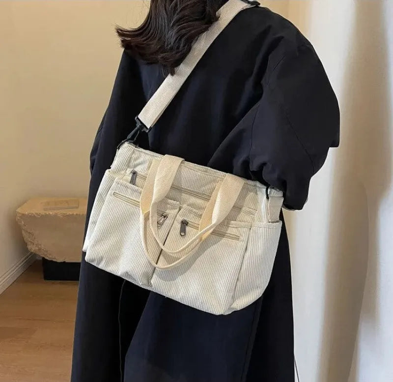 Grand sac à main cabas bandoulière de cours en velours côtelé multipoches Élina