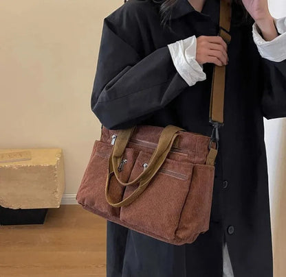 Grand sac à main cabas bandoulière de cours en velours côtelé multipoches Élina