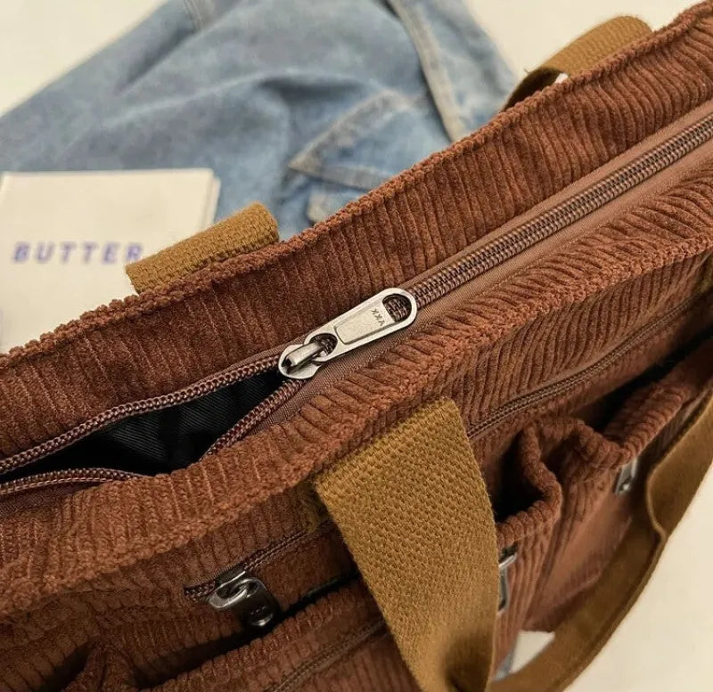 Grand sac à main cabas bandoulière de cours en velours côtelé multipoches Élina