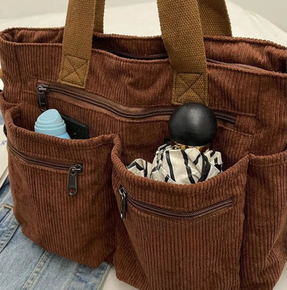 Grand sac à main cabas bandoulière de cours en velours côtelé multipoches Élina