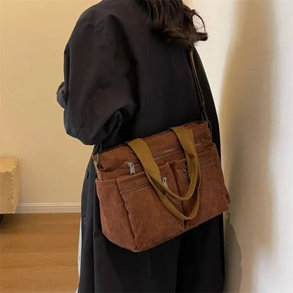 Grand sac à main cabas bandoulière de cours en velours côtelé multipoches Élina