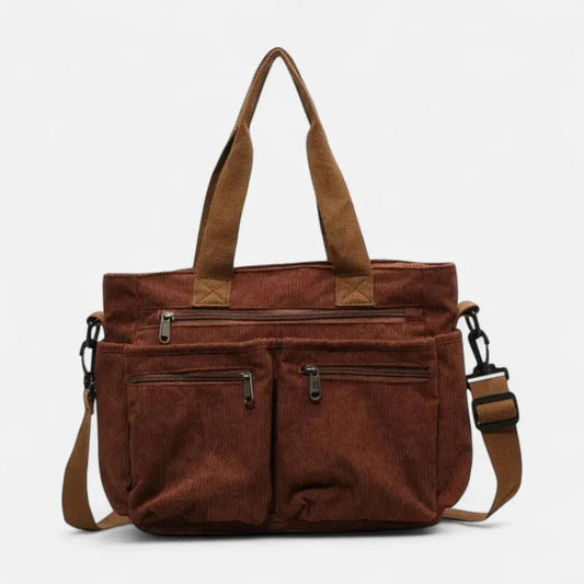 Grand sac à main cabas bandoulière de cours en velours côtelé multipoches Élina