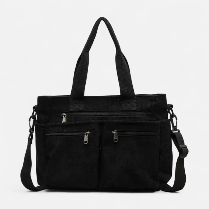 Grand sac à main cabas bandoulière de cours en velours côtelé multipoches Élina