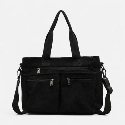 Grand sac à main cabas bandoulière de cours en velours côtelé multipoches Élina