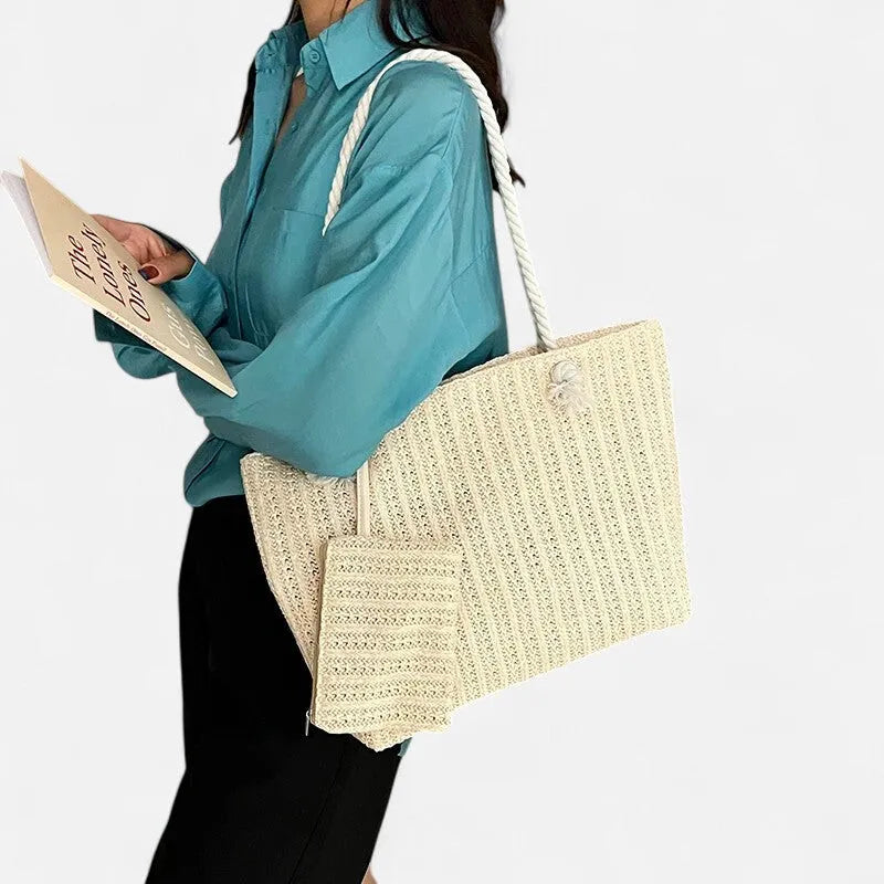 Grand sac à main cabas en paille avec anses en corde et pochette assortie Livia