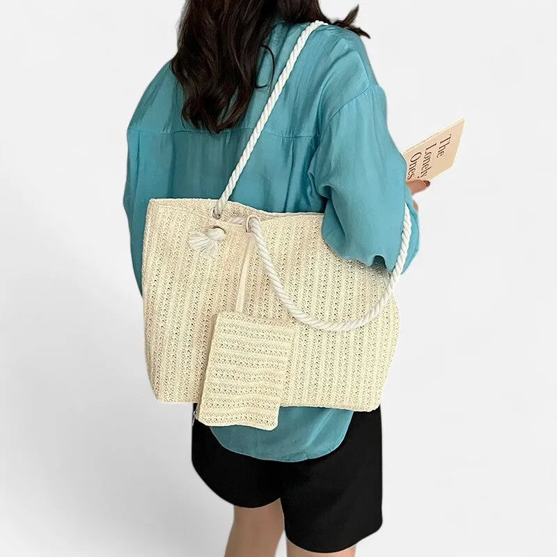 Grand sac à main cabas en paille avec anses en corde et pochette assortie Livia