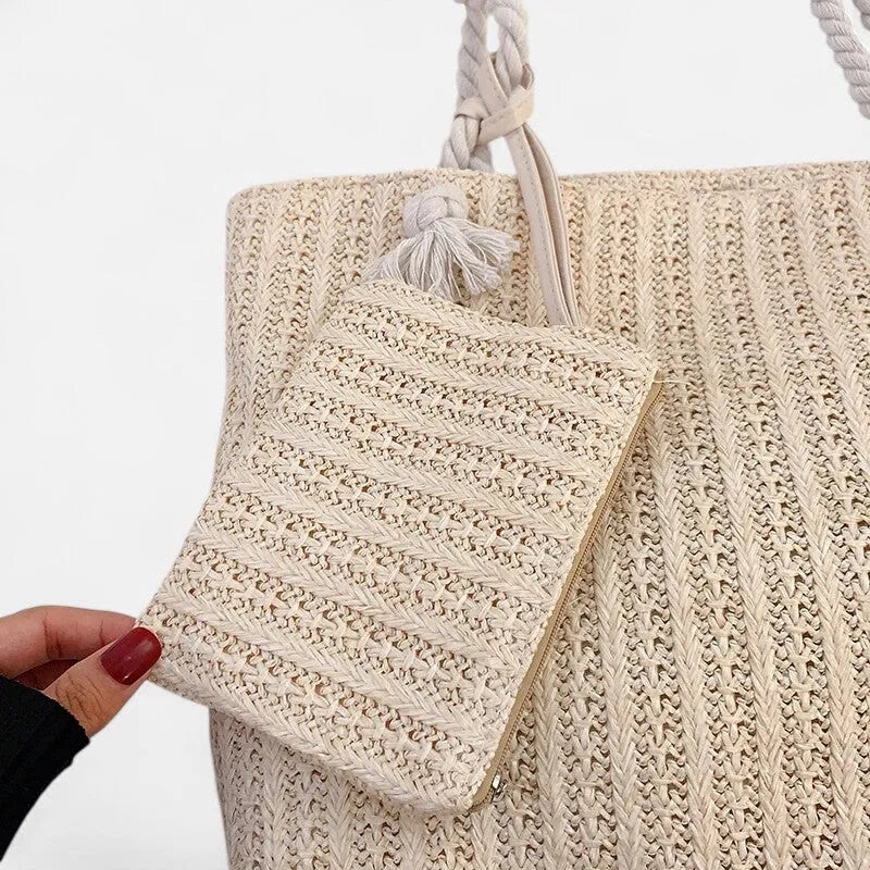 Grand sac à main cabas en paille avec anses en corde et pochette assortie Livia