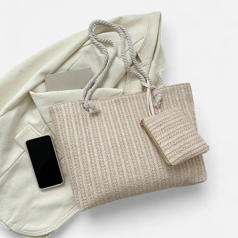 Grand sac à main cabas en paille avec anses en corde et pochette assortie Livia