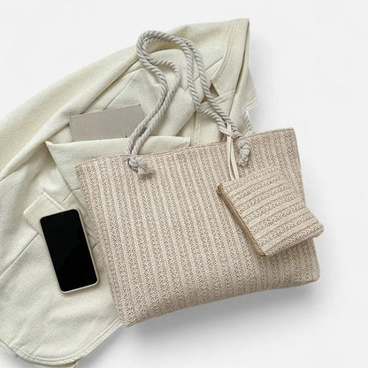 Grand sac à main cabas en paille avec anses en corde et pochette assortie Livia