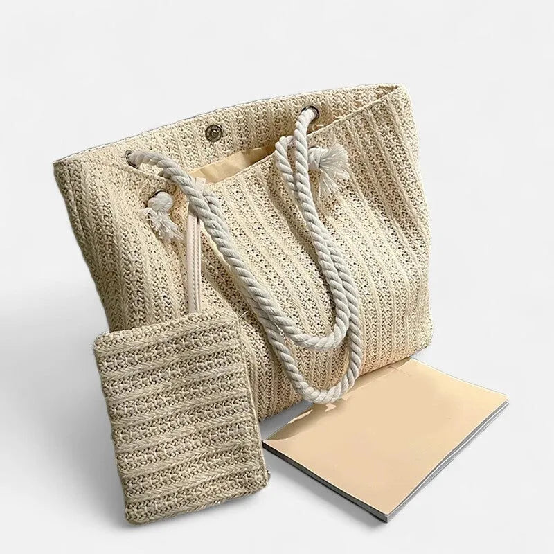 Grand sac à main cabas en paille avec anses en corde et pochette assortie Livia