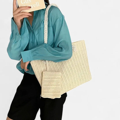 Grand sac à main cabas en paille avec anses en corde et pochette assortie Livia